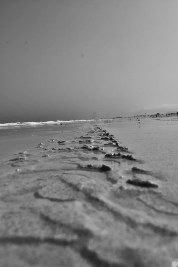 traces de roues sur la plage disparaissant dans l'océan en Noir et Blanc
